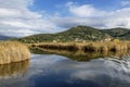 The sky and the village of Massaciuccoli are reflected in the waters of the homonymous lake, Lucca, Italy Royalty Free Stock Photo