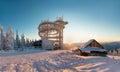 Sky Walk, Kralicky Sneznik, Dolni Morava, Czech Republic. The trail in the sky, wooden tower in ski resort in sunny winter weather