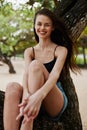 sky woman nature lifestyle paradise sea smiling relax tree vacation sitting