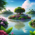 Skybound oasis: Floating islands of lush vegetation and vibrant flowers in a magical garden above.AI generated