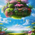 Skybound oasis: Floating islands of lush vegetation and vibrant flowers in a magical garden above.AI generated