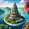 Skybound oasis: Floating islands of lush vegetation and vibrant flowers in a magical garden above.AI generated