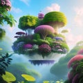 Skybound oasis: Floating islands of lush vegetation and vibrant flowers in a magical garden above.AI generated
