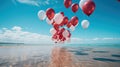 Skybound Serenity: Red Balloons Dancing Above the Blurry Beachscape Royalty Free Stock Photo