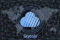 Skycoin Abstract Cryptocurrency. With a dark background and a world map. Graphic concept for your design