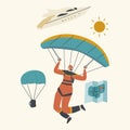 Skydiver Character Jumping with Parachute Soaring in Sky. Skydiving Parachuting Sport. Parachutist Flying Through Clouds