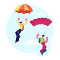 Skydiver Characters Jumping with Parachute Soaring in Sky. Skydiving Parachuting Sport. Couple of Parachutists Flying
