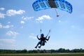 Skydiver flies under the canopy of a parachute, quickly approaching, close-up