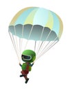 Skydiver flying down sky. Free float. Cartoon style character. Isolated on white background. Parachute opened. Vector