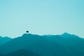 Skydivers flying with a parachute on sky background