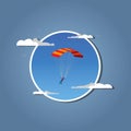 Skydiver flying with parachute. in white frame. Skydiving, parachuting and extreme sport, active leisure concept