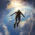 Skydiver free fall parachute man. Skydiving free fall man. Space games background sunset Generative AI technology, Royalty Free Stock Photo