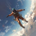 Skydiver free fall parachute man. Skydiving free fall man. Space games background sunset Generative AI technology, Royalty Free Stock Photo
