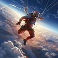 Skydiver free fall parachute man. Skydiving free fall man. Space games background sunset Generative AI technology, Royalty Free Stock Photo