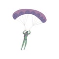 Skydiver in a green suit soars on an open purple parachute. Vector illustration on white background.