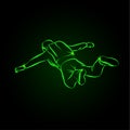 Skydiver jumps with open arms. Neon vector illustration