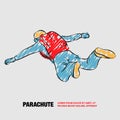 Skydiver jumps with open arms. Vector outline of paratrooper with scribble doodles.