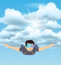 Skydiver man flying in the blue cloudy sky. Character illustration. Sky diving cartoon sportsman.