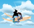 Skydiver man and woman flying in the blue sky. Parachutist characters. Tandem skydiving.