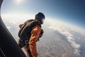 Skydiver in an orange suit jumps out of an airplane. Generative AI