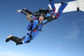 Skydiver waves at the camera