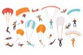 Skydivers Flying with Parachutes Set, Extreme Sport, Parachuting, Paragliding and Skydiving Concept Cartoon Vector