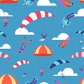 Skydivers, jumpers in sky vector seamless pattern