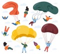 Skydivers with parachutes. Extreme parachuting and skydiving sport, people falling with parachutes. Sky jumpers vector Royalty Free Stock Photo