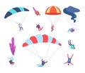 Skydivers set. People jumping with parachutes. Dangerous sports sky jumpers, parachutists cartoon vector characters Royalty Free Stock Photo