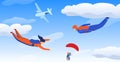 Skydivers sportsman in sky air, extreme sport vector illustration. Parachuting sport. Fun parachute jumping skydrivers. Royalty Free Stock Photo
