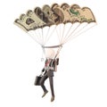 Skydiving businessman with banknote parachute Royalty Free Stock Photo