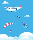 Skydiving concept. Parachutists jumping out of plane in blue sky. People skydivers vector illustration