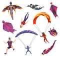 Skydiving extreme sport. Group of paraglide and parachute jumping characters on white. Active hobbies sportsman jumps