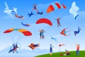 Skydiving extreme sport vector illustration set, cartoon flat parachute skydiver sportsman characters jumping with