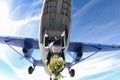 Skydiving. Girl with flowers is jumping out of a plane.