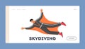 Skydiving Landing Page Template. Character in Wingsuit Flying Extreme Activity, Paragliding Xtreme Adventure, Sky Diving