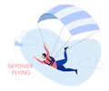 Skydiving and leisure activity concept. Skydiver flying with a parachute. Vector Illustration