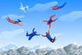 Skydiving man, extreme sport vector illustration. Parachuting sport. Fun parachute jumping skydrivers. Active hobby