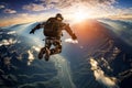 Skydiving. Men with a parachute in flight over the mountains. Extreme adventure sport. Generative AI