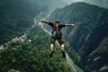 Skydiving in the mountains. A man jumps from a cliff into the abyss, Extreme Bungee jumping on the mountain, top view, no visible