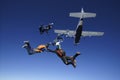 Skydiving people teamwork jump from the plane