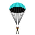 Skydiving school, academy set. Parachute pack, skydiver in flat