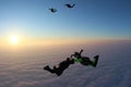 Skydiving. Sunset jump. Skydivers are above pink clouds. Royalty Free Stock Photo