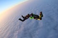 Skydiving. Sunset jump. Two skydivers are above pink clouds.