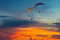 Skydiving sunset landscape of parachutist flying in soft focus. Para-motor flying silhouette with sun set. Silhouette of paraglide Royalty Free Stock Photo