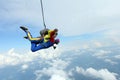 Skydiving. Tandem jump. Instructor and indian passenger. Royalty Free Stock Photo