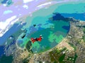 Skydiving team above the beach with filter posterized Royalty Free Stock Photo