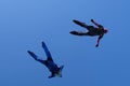 Skydiving. Two skydivers are flying in the sky. Bottom view.