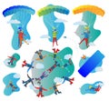 Skydiving vector illustration set. Collection of solo, tandem and group flights. Pilot with scared passenger and parachute. Royalty Free Stock Photo