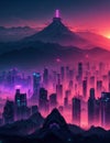 Sky keepers Cyberpunk Metropolis in Mountain Shadows - Neon Nights and Futuristic Smog